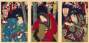 Los actores Nakamura Shikan IV como Fuwa Banzaemon, Nakamura Fukusuke IV como la criada, y Kataoka Gado III como Nagoya Sanzaburo de Toyohara Kunichika