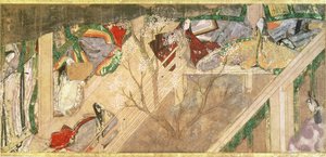 El cuento de Genji" ("Genji Monogatari"), novela del siglo X sobre la vida romántica del príncipe Genji, ilustración de Hikokuni Tokugawa II (fl.1821-24), pub. siglo XIX de Toyokawa Hikokuni