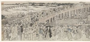 Vista: Disfrutando de la brisa nocturna en el puente de Ryogoku de Toyokuni (II) , Utagawa