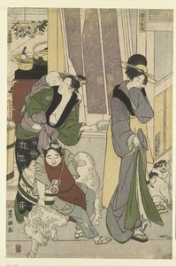 pescadero El cuarto mes, un tríptico Yongatsu, sanbukutsui (título sobre objeto) Los doce meses de Toyohiro y Toyokuni (título de la serie) Toyohiro Toyokuni ryoga juniko (título de serie en objeto)