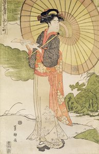 Mujer de pie con una sombrilla de Toyokuni II