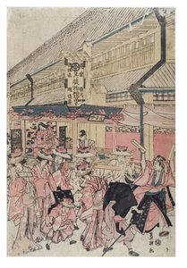 Procesión de festival otoñal en una calle de Toyokuni Utagawa