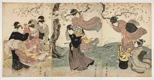 Arte japonés: Flores en el viento (escena con mujeres y un hombre colgando serpentinas de las ramas de un árbol) - Impresión de Utagawa Toyokuni (1769-1825) linograbado (37,8x75,9), alrededor de 1797-1800 - Academia de Artes de Honolulu