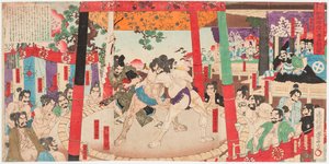 Combat de sumo devant Toyotomi Hideyoshi 1537-1598) et Kato Kiyomasa (1562-1611). Estampe de Utagawa Toyono bu (1859-1886)