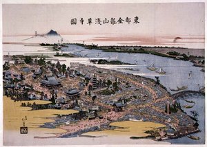 Templo Kinryuzan Senso-ji en la Capital del Este (Edo) c.1820 (xilografía) de Toyota Hokkei