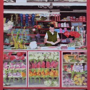 Puesto de flores (Bogotá, Colombia), 2016 (óleo sobre tabla). de Trevor Burgess