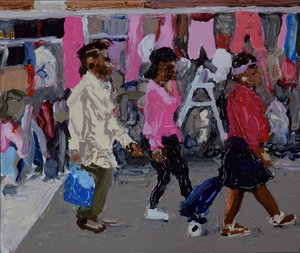 Compradores del mercado (Deptford, Londres), 2018 (óleo sobre tabla)