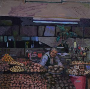 Puesto de patatas (Quito, Ecuador), 2015 (óleo sobre tabla). de Trevor Burgess
