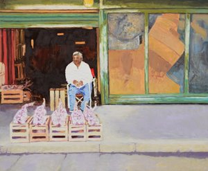Vendiendo ajos (San Juan, Argentina), 2016 (óleo sobre tabla). de Trevor Burgess