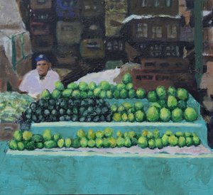 Vendiendo mangos y aguacates (Bogotá, Colombia), 2016 (óleo sobre tabla). de Trevor Burgess