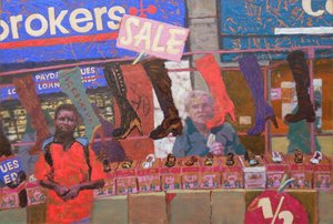 Puesto de zapatos (Deptford, Londres), 2013 (óleo sobre tabla). de Trevor Burgess