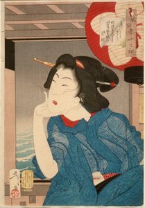 Fresco: una geisha de mediados de la década de 1870 sentada en una barca de Tsukioka Yoshitoshi