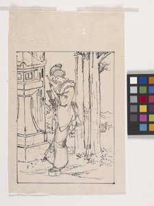 Dibujo de una joven junto a un farol de piedra (tinta sobre papel) de Tsukioka Yoshitoshi