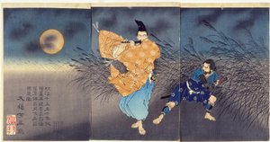 Fujiwara no Yasumasa tocando la flauta a la luz de la luna de Tsukioka Yoshitoshi