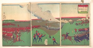 Illustration von Kavallerie, Infanterie und Soldaten im Rückzug de Tsukioka Yoshitoshi