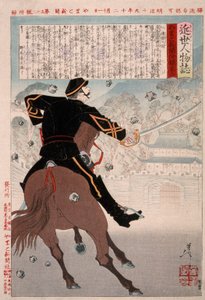 Isobayashi Taii a caballo en la puerta del castillo, con piedras cayendo de Tsukioka Yoshitoshi