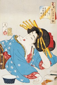 Momento de relajación, rostro de una geisha del período Kansei de Kioto, ilustración de Tsukioka Yoshitoshi de Treinta y dos aspectos de costumbres y modales, xilografía Oban-tate-e, civilización japonesa