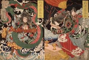 Tawaraya Tda y un dragón y Ono no Komachi rezando por lluvia de la serie Valor en China y Japón, 1868 (xilografía en color)