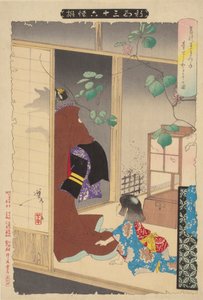 La mujer zorro Kuzunoha dejando a su hijo