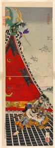 Los dos valientes hombres Inuzuka Shino e Inugai Genpachi luchando en el techo de Horyukaku (Horyukaku ryoyu tsutomu) de Tsukioka Yoshitoshi