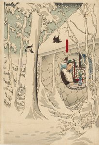Tríptico de xilografía - Gentoku visitando a Komei en su retiro, en una tormenta de nieve, finales del siglo XIX de Tsukioka Yoshitoshi
