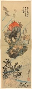 Zhang Shun, la salpicadura blanca en las olas, y Li Kui, el torbellino negro, en una lucha submarina de Tsukioka Yoshitoshi