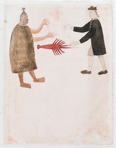 Añadir MS 15508 [Dibujo nº 12] Un maorí haciendo un trueque de cangrejos de río con un oficial de la marina inglesa, "Dibujos que ilustran el primer viaje del capitán Cook". de Tupaia Tupaia