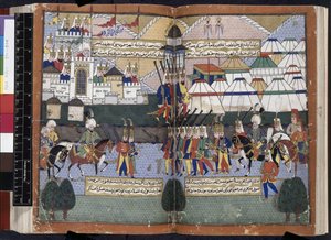 Agregar. 22011, ff.81v-82, ejército otomano de Lala Mustafa Pasha desfilando ante las murallas de Tiflis de 