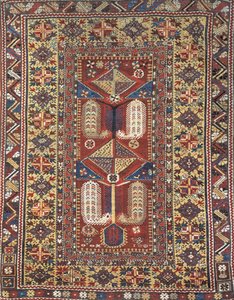 Primer plano de una alfombra de oración Melas, Anatolia, Turquía
