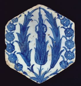Azulejo hexagonal de Isnik con cipreses y un prunus, 1560-70 de Turkish School