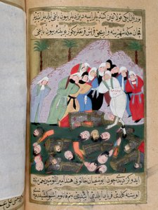 Hind, esposa de Abu Sufyan ibn Harb, enemigo de Mahoma, y otras mujeres quraishíes preparan mutilar los cuerpos de los musulmanes muertos en la batalla de Uhud y devorar el hígado de Hamza, tío del profeta Mahoma (570-632)