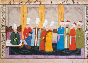 Miniatura otomana que representa a un embajador europeo en la Corte del Palacio de Topkapi, manuscrito, Turquía