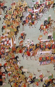 La conquista de Eger, del Egri Fetihnamesi (tinta, acuarela y pan de oro sobre vitela) de Turkish School