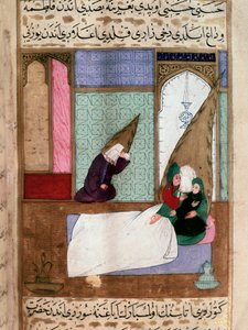 El profeta Mahoma (Muhammad o Mahoma) (570-632) (rostro cubierto) se aleja de su familia en el momento de la muerte. Miniatura persa del siglo XVIII. Museo Topkapi Estambul Turquía