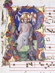Letra historiada muy grande "A", mostrando la Resurrección, c.1400-1450