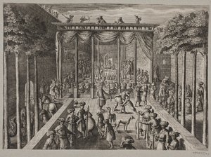 Banquete en un jardín oriental. En primer plano, cazadores y hombres en lucha