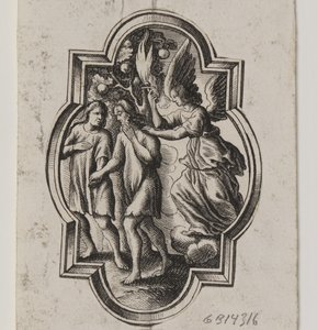 Emblema con Adán y Eva siendo expulsados del Paraíso de Ubekendt