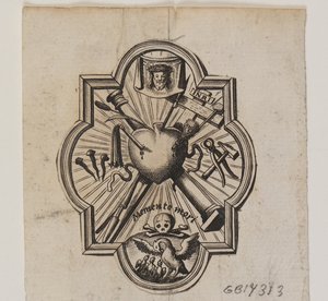 Emblema con un corazón atravesado y los instrumentos de la pasión de Ubekendt