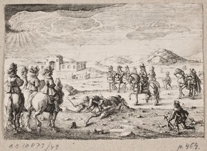 Jinetes europeos en un paisaje abierto. En el fondo, un caravasar