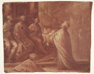 Jesús entrega una mitra a una mujer en un trono rodeada de dos mujeres (alegoría)