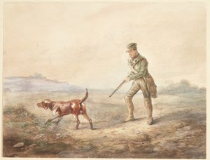 Paisaje con un cazador y su perro