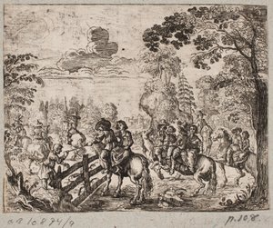 Escena de bosque con jinetes de Ubekendt