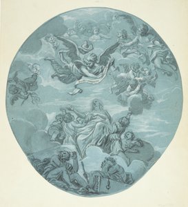 Una santa femenina en las nubes, rodeada de putti, sobre ella niños ángeles y un ángel que sostiene una banda con la inscripción: Beati pauperes spiritu de Ubekendt Ubekendt