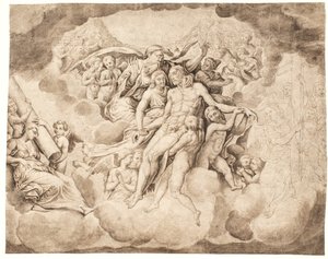 Dios Padre y los anfitriones celestiales lamentando sobre el cuerpo de Cristo de Ubekendt Ubekendt