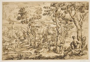 Paisaje con ninfas y sátiros de Ubekendt Ubekendt