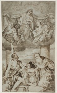 La Virgen y el Niño entre ángeles en las nubes con San Juan Bautista y San Jerónimo, después de la pintura de Paolo Veronese anteriormente en S. Francesco della Vigna, Venecia de Ubekendt Ubekendt
