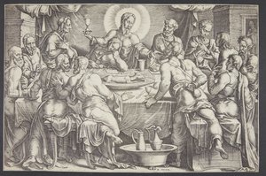 Cristo prediciendo la traición de Judas Iscariote en la última cena de Ubekendt efter Maarten van Heemskerck