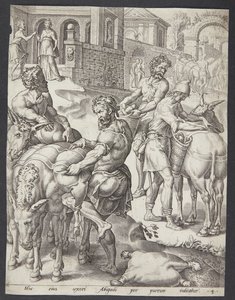 Los sirvientes de Abigail cargando los asnos con comida para David de Ubekendt efter Maarten van Heemskerck