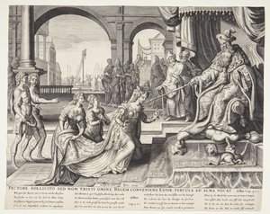 Ester ante Asuero, invitándolo a un banquete de Ubekendt efter Philips Galle efter forlæg af Maarten van Heemskerck