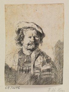 Rembrandt con gorra plana y vestido bordado de Ubekendt efter Rembrandt